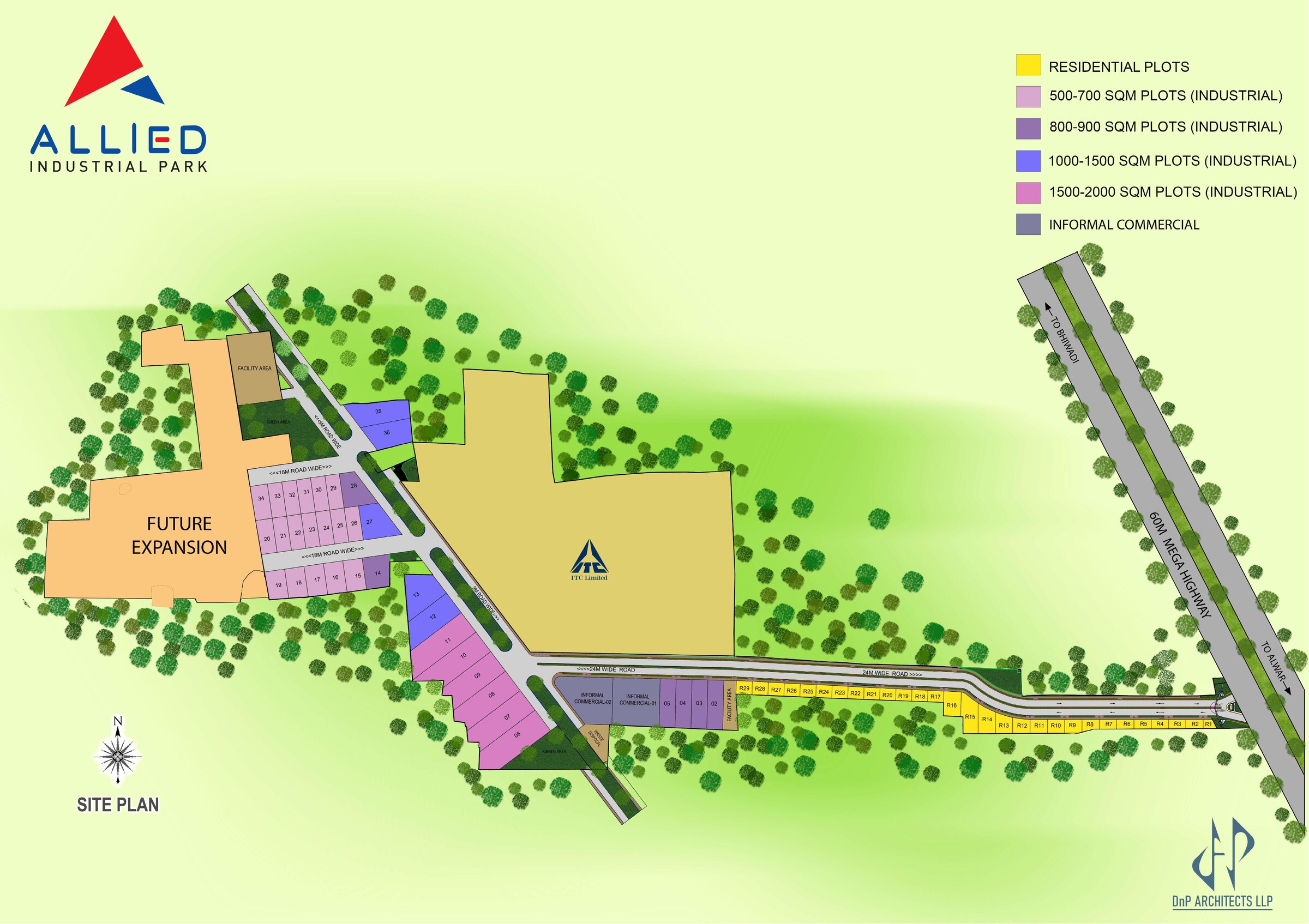 Official Allied Industrial Park layout plan showing industrial, residential and commercial plots, internal roads and project boundary